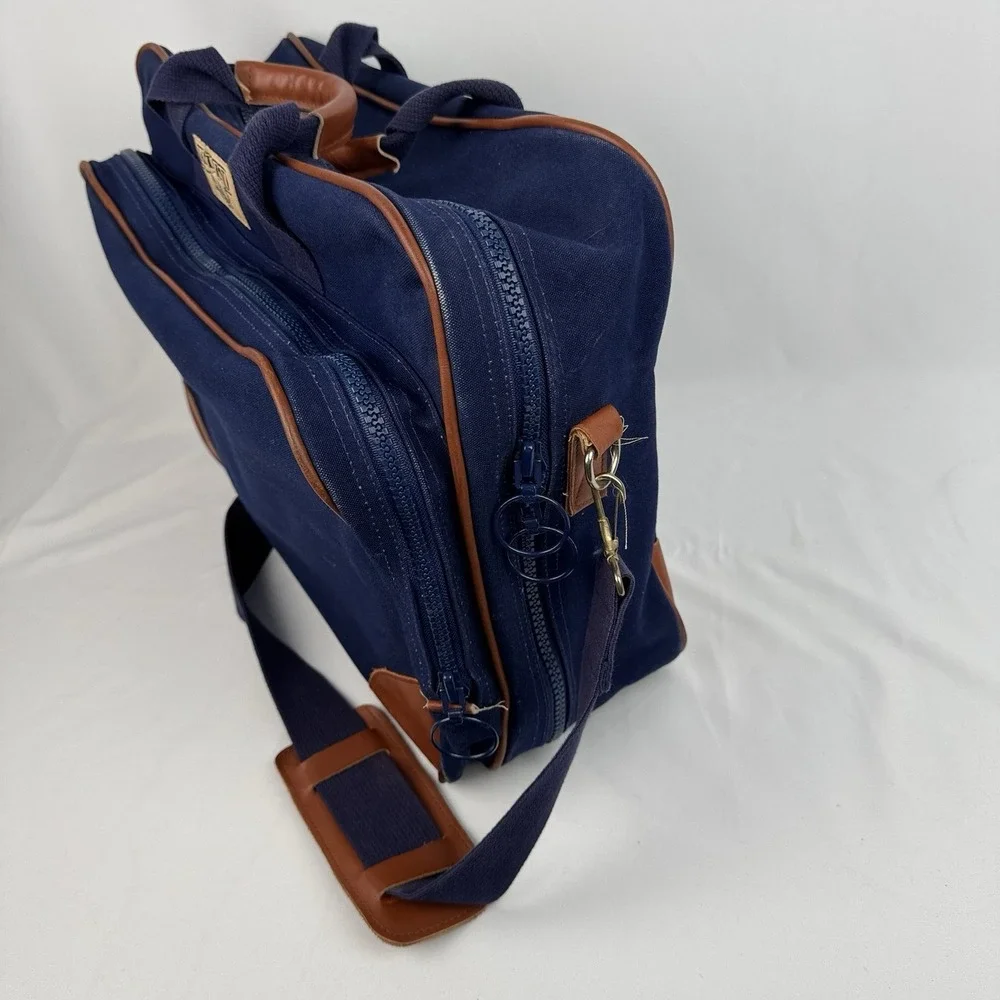 Vtg Lands End Square Rigger Weekender Bag Navy Blue Canvas Leather Luggage 20" - Picture 4 of 9